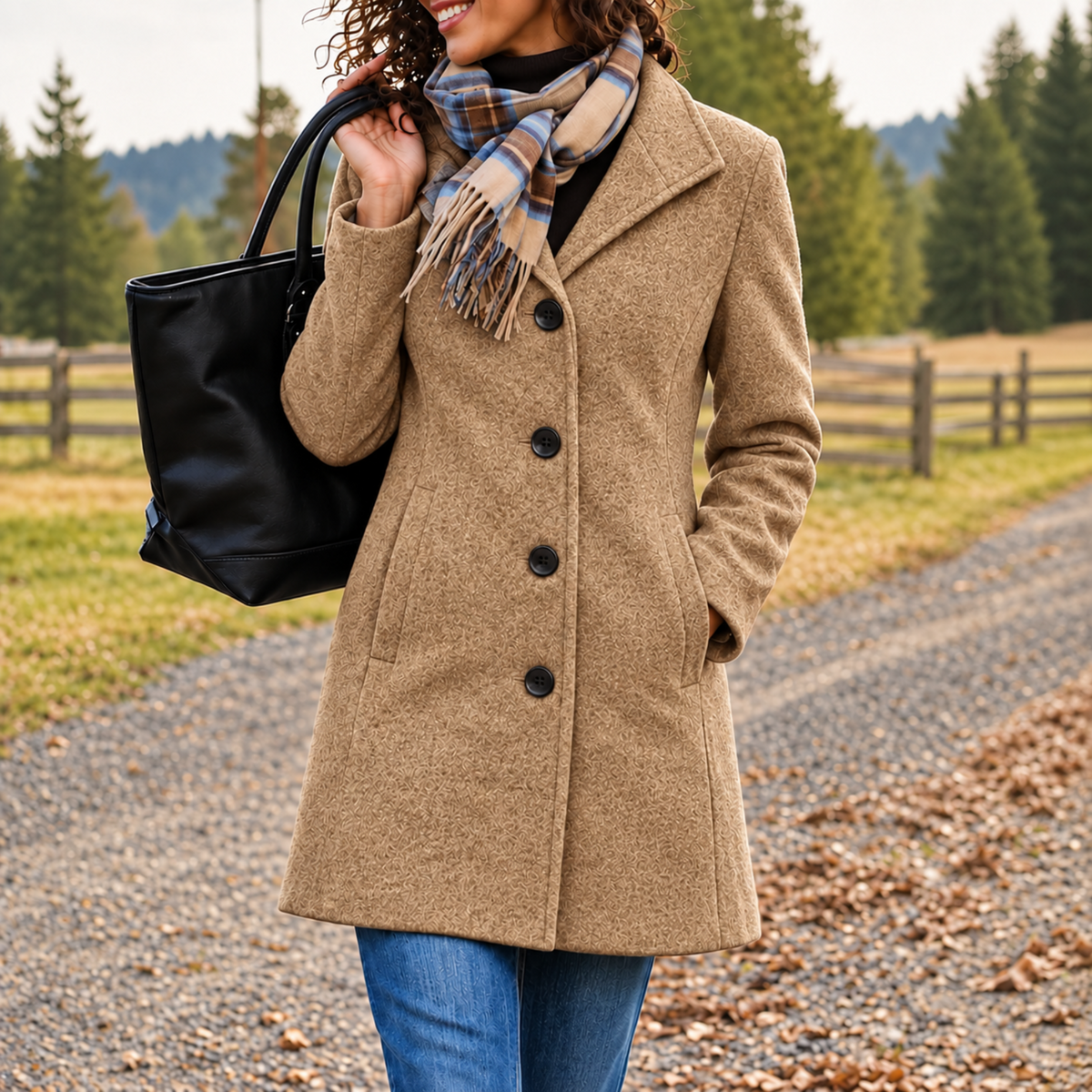 Women's Longline Wool-Look Coat, Regular Fit Button Front Overcoat