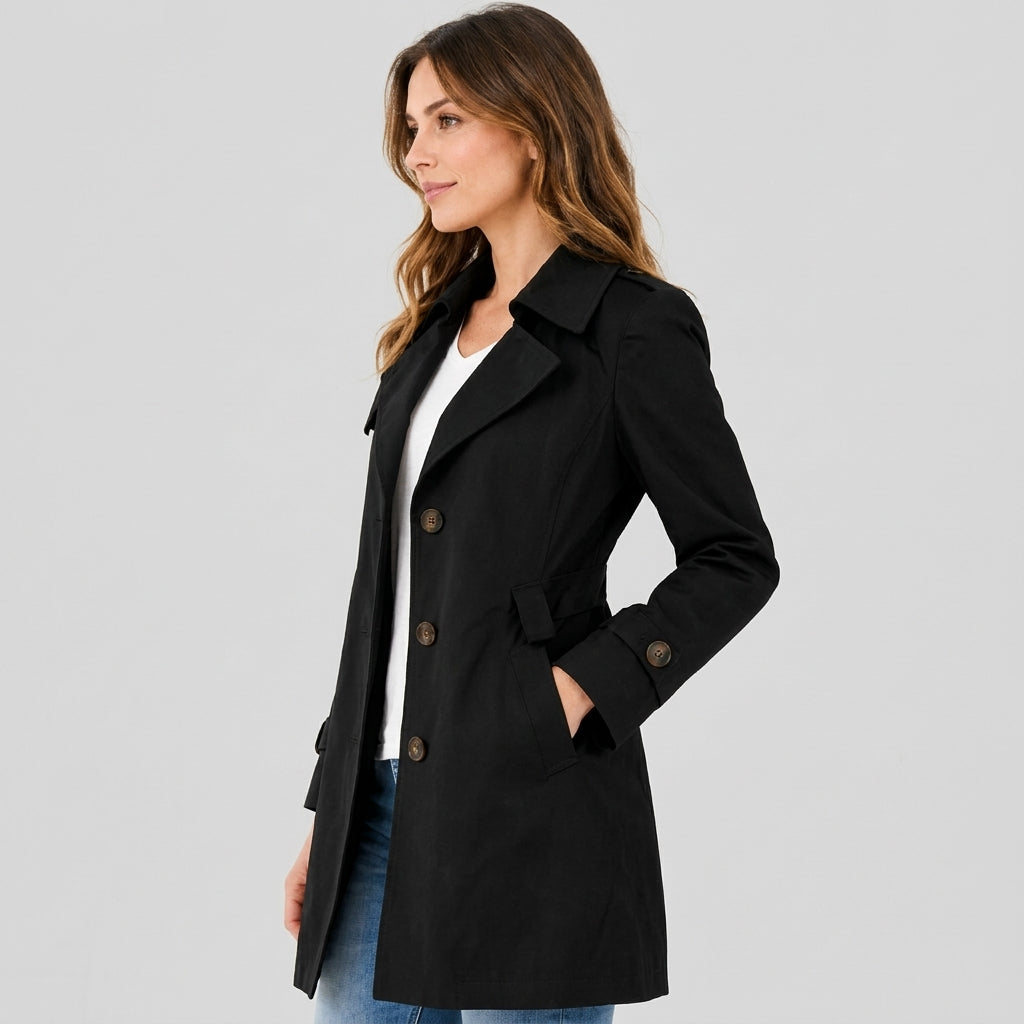 Women's Belted Trench Coat, Mid-Length, Notch Collar, Regular Fit