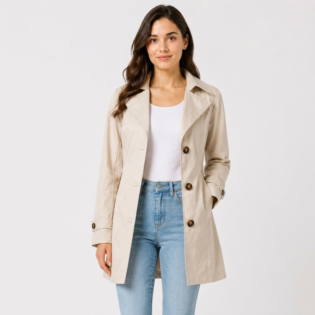Women's Belted Trench Coat, Mid-Length, Notch Collar, Regular Fit