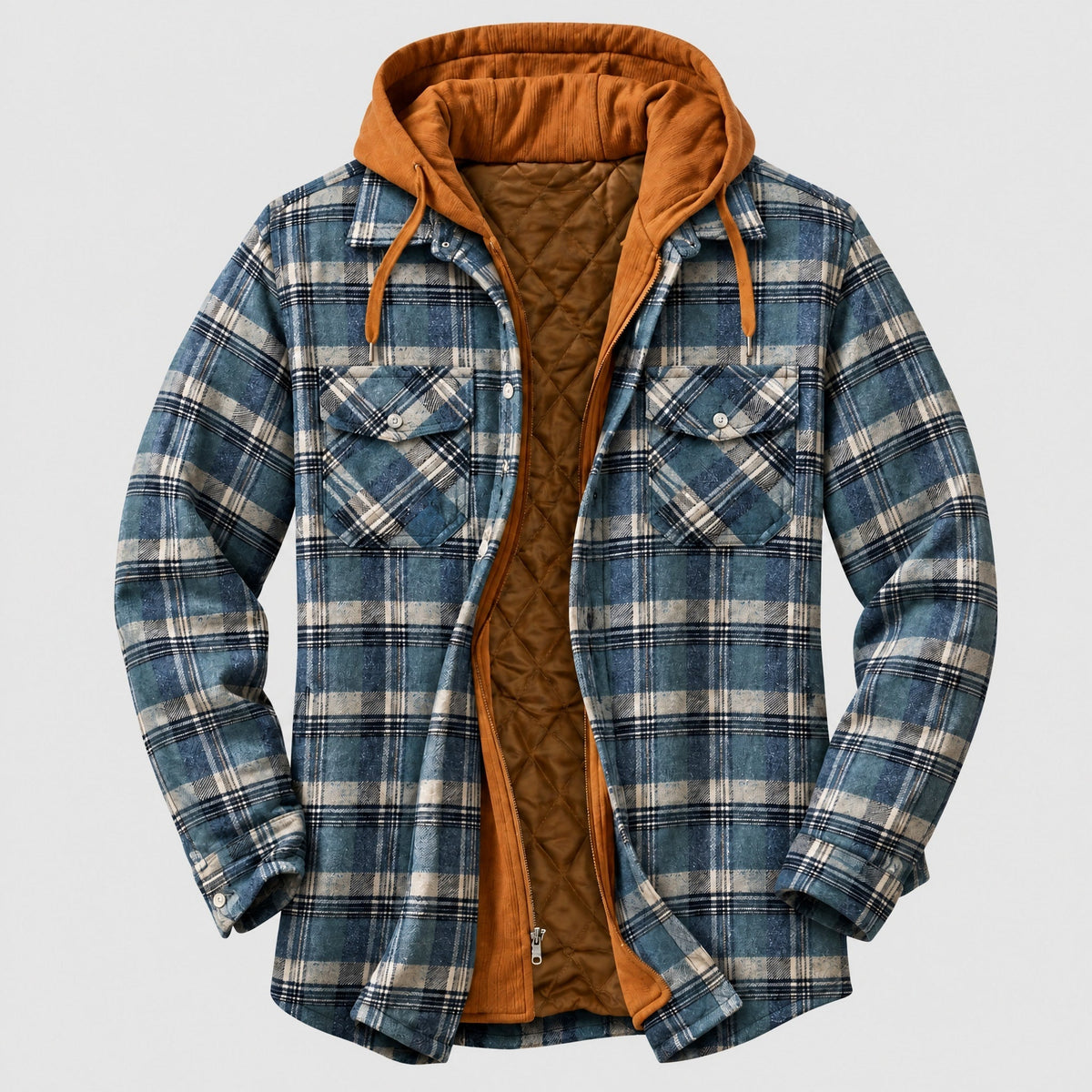 Men's Hooded Quilted Flannel Shacket, Regular Fit Check Jacket
