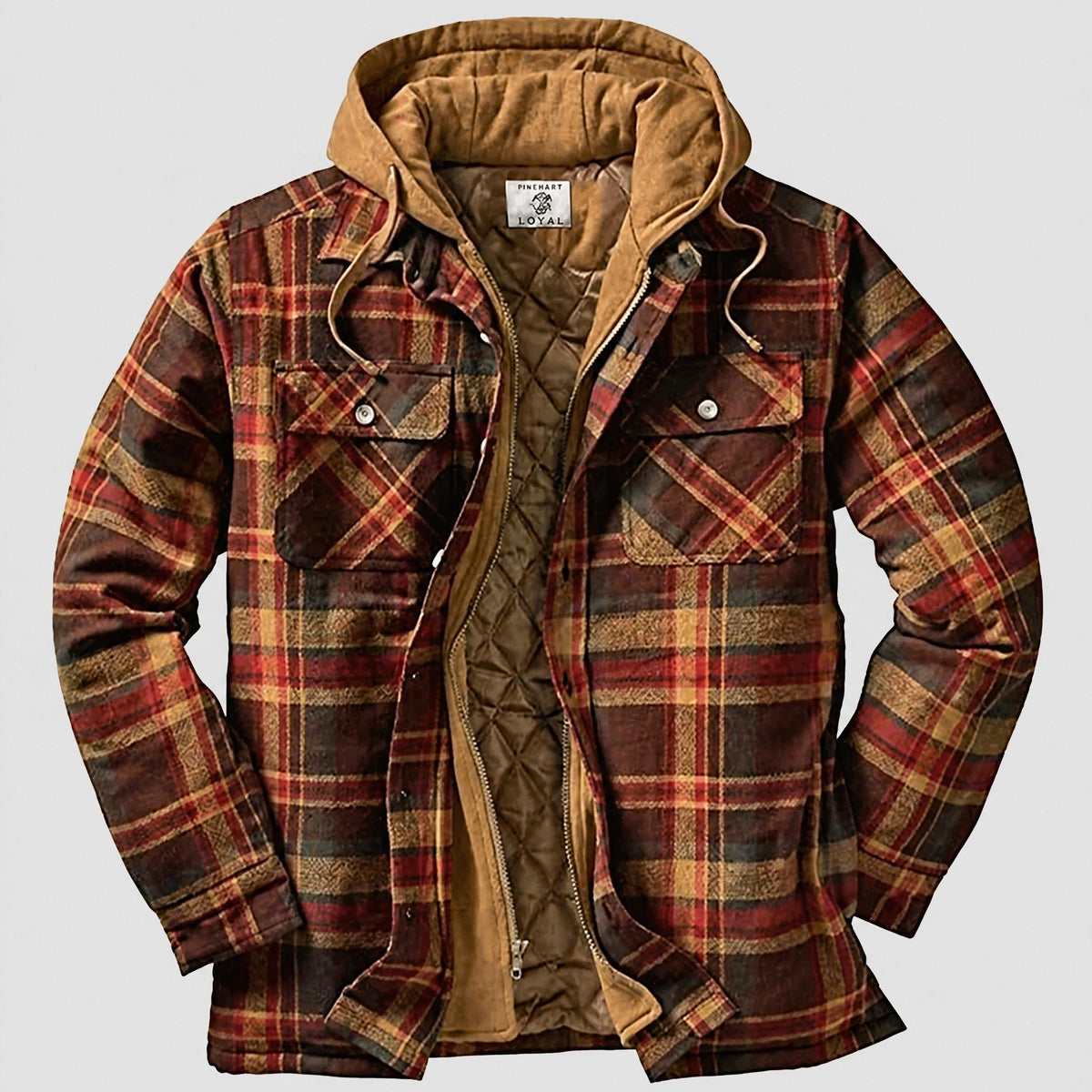 Men's Hooded Quilted Flannel Shacket, Regular Fit Check Jacket