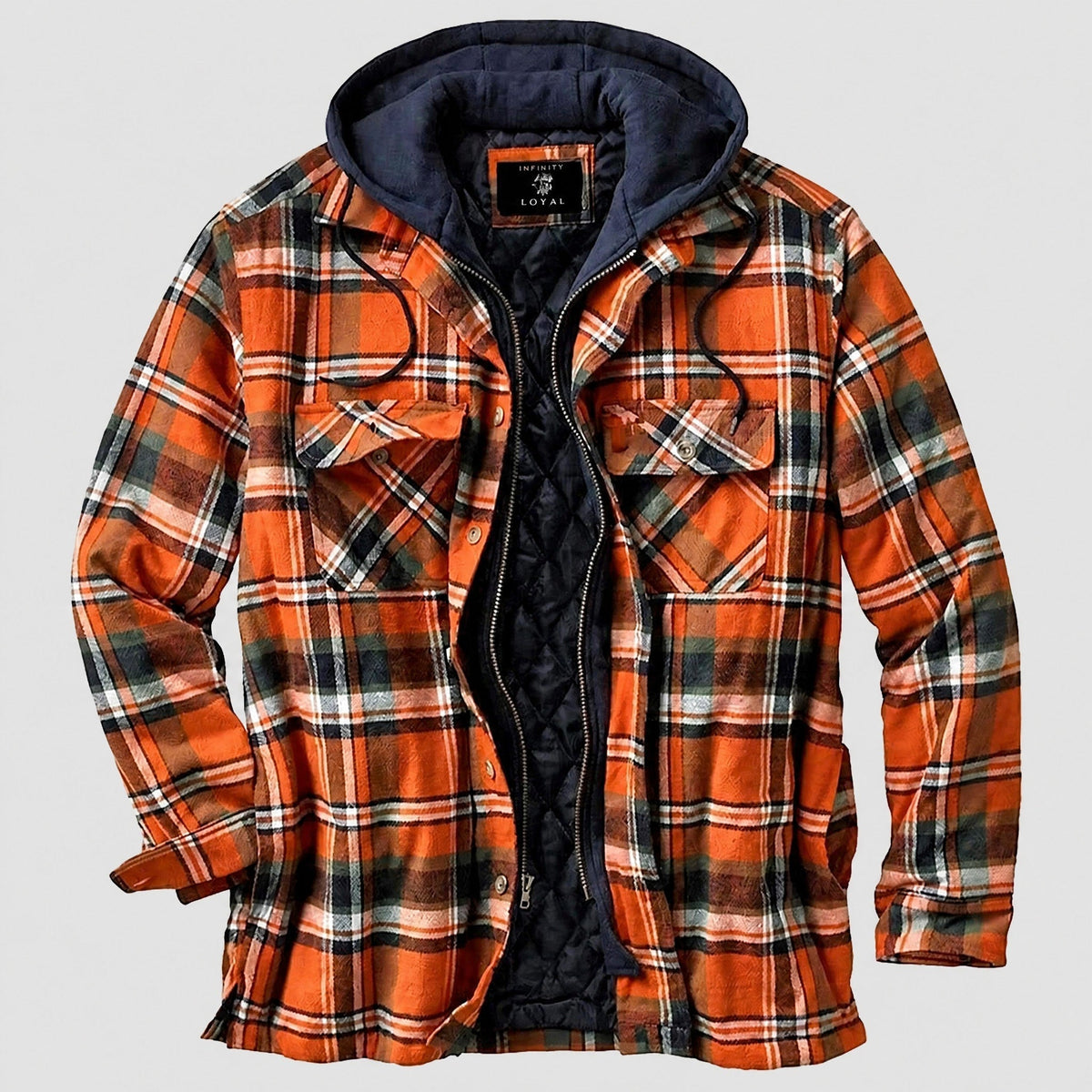 Men's Hooded Quilted Flannel Shacket, Regular Fit Check Jacket