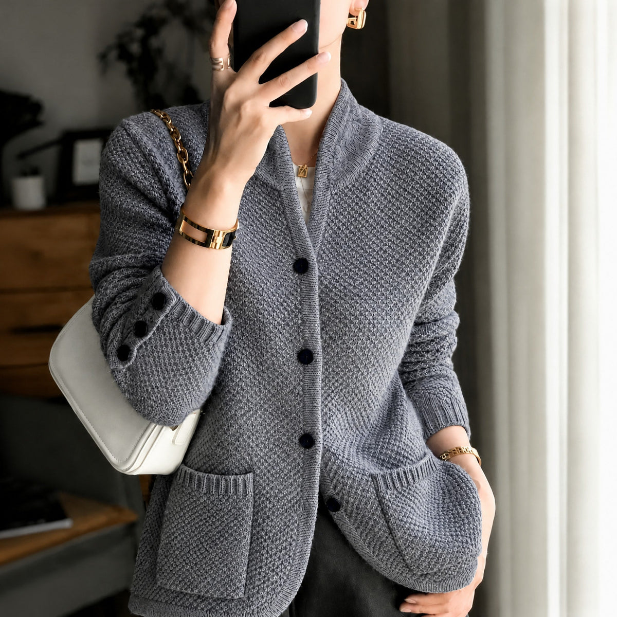 Women's Textured Knit Cardigan with Stand Collar, Button Front, Regular Fit