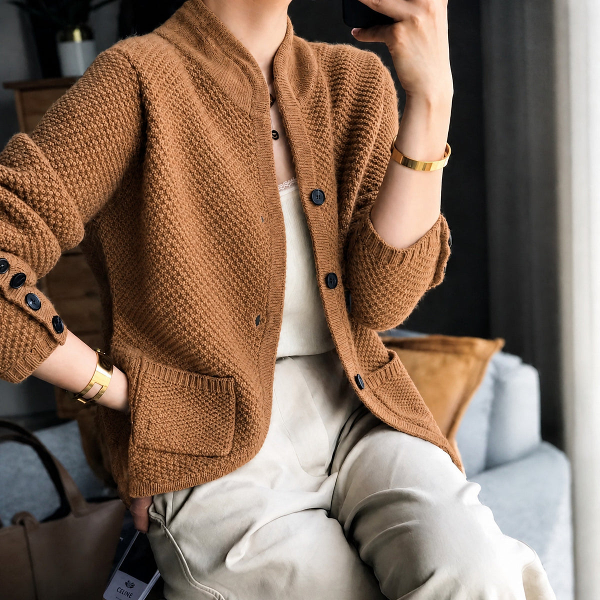 Women's Textured Knit Cardigan with Stand Collar, Button Front, Regular Fit