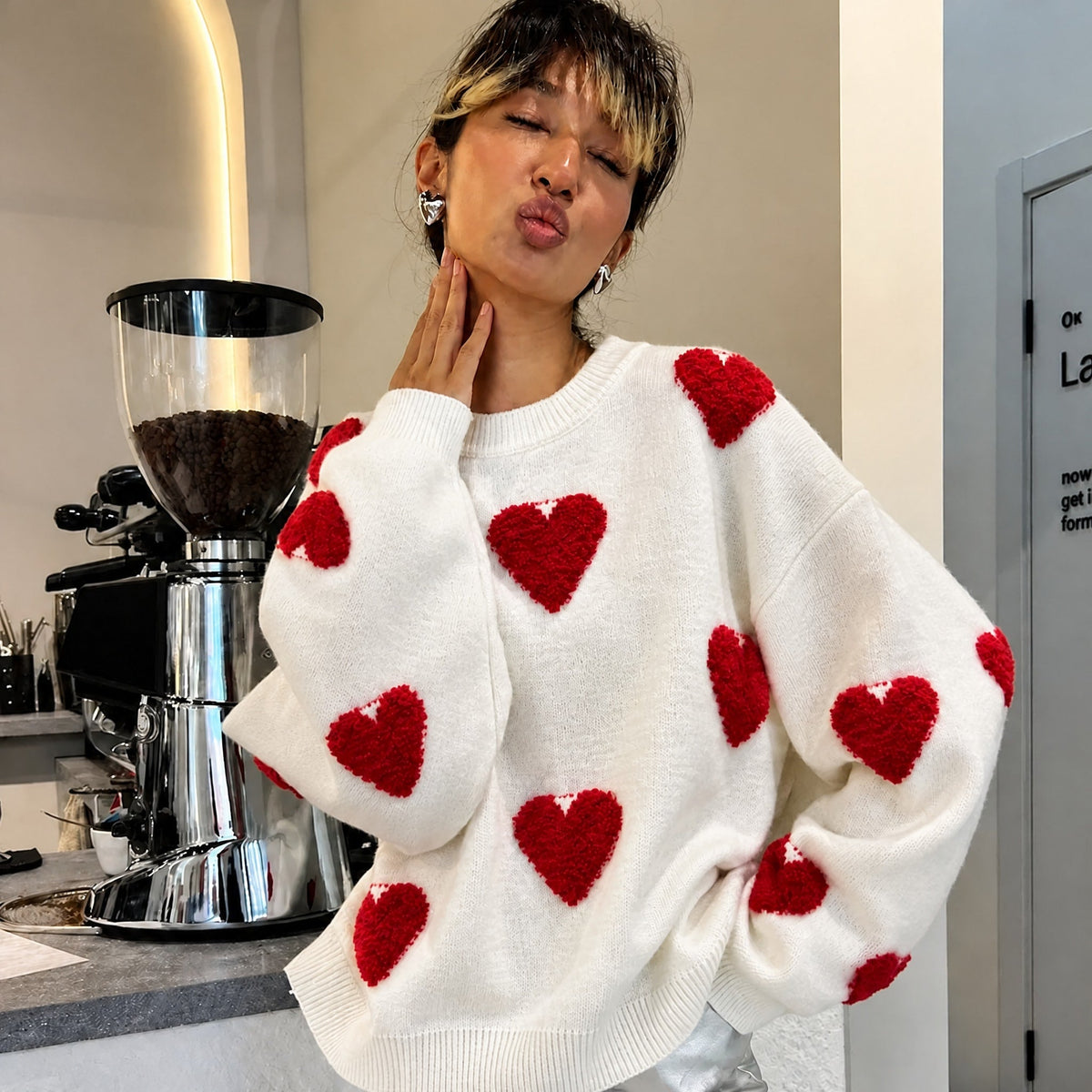 Women's Oversized Heart Print Knit Jumper, Relaxed Fit Crew Neck