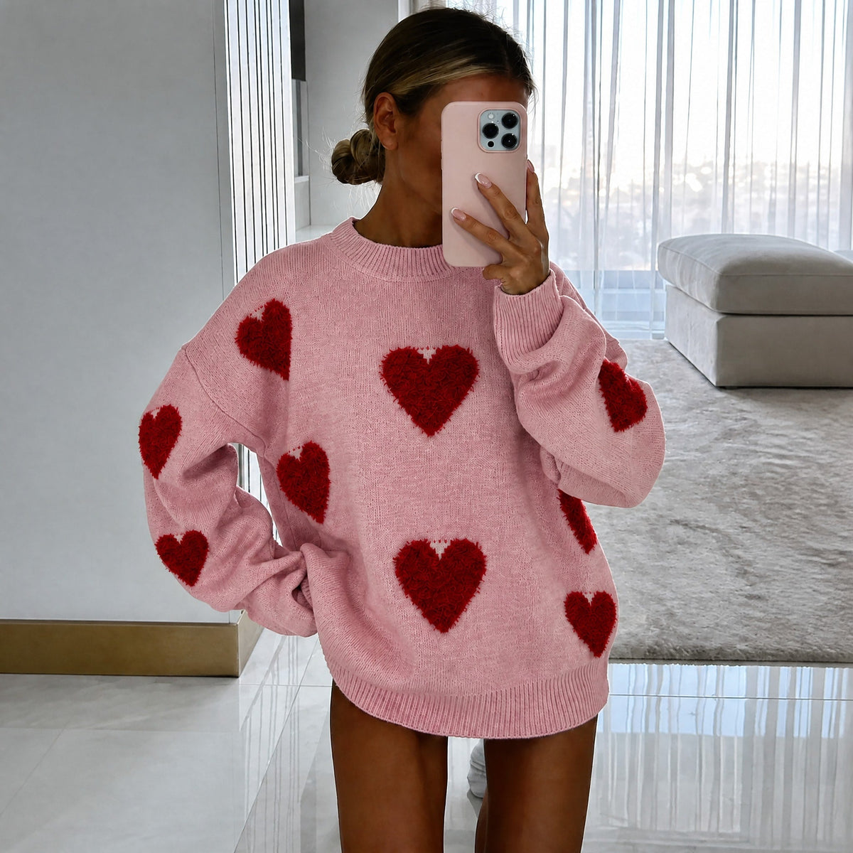 Women's Oversized Heart Print Knit Jumper, Relaxed Fit Crew Neck