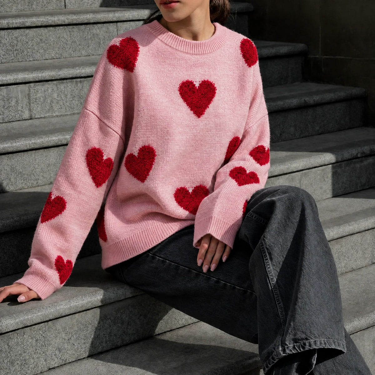 Women's Oversized Heart Print Knit Jumper, Relaxed Fit Crew Neck