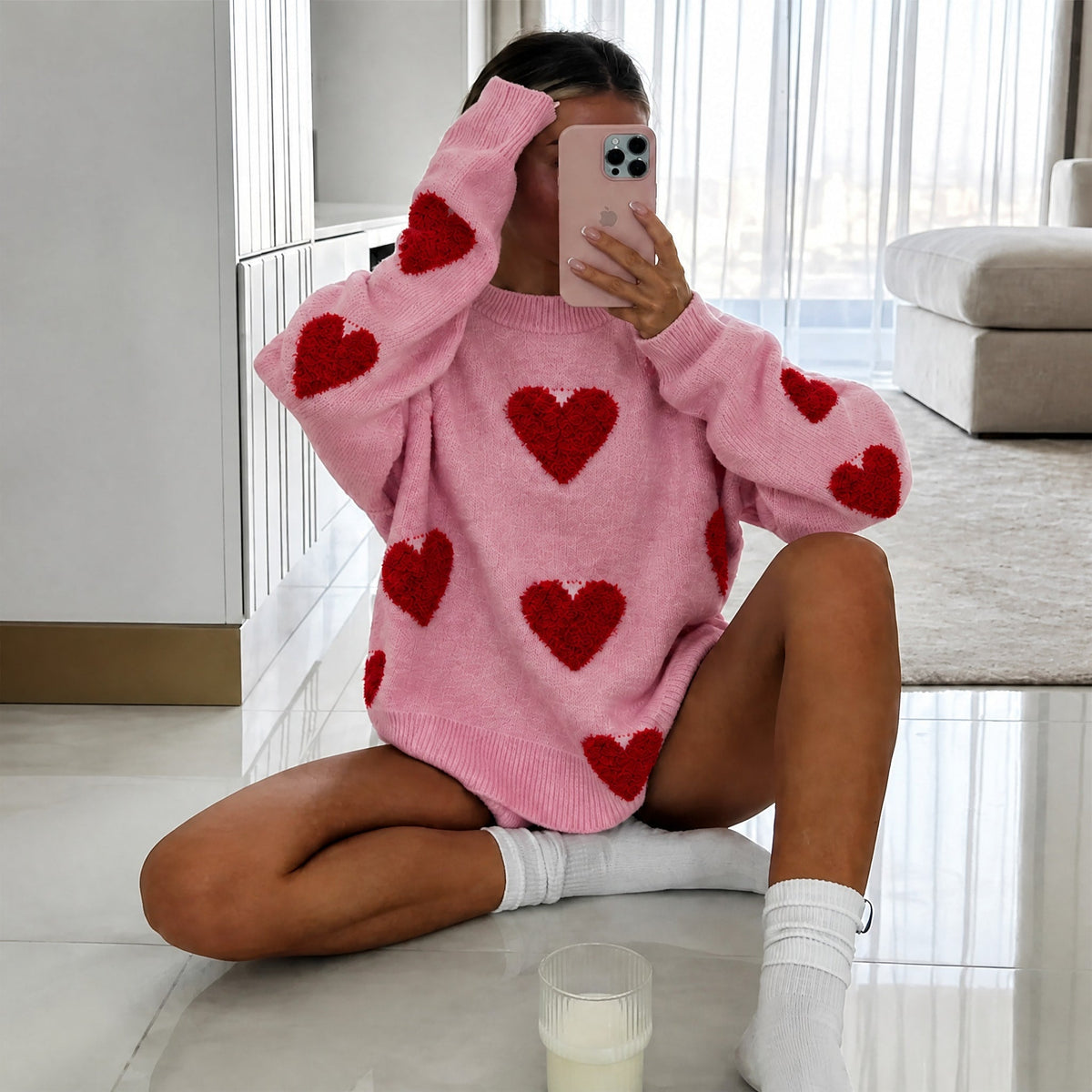 Women's Oversized Heart Print Knit Jumper, Relaxed Fit Crew Neck