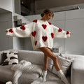 Women's Oversized Heart Print Knit Jumper, Relaxed Fit Crew Neck