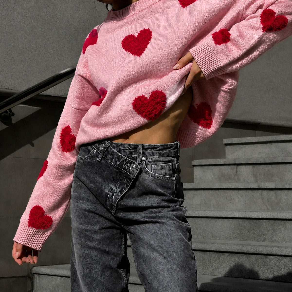 Women's Oversized Heart Print Knit Jumper, Relaxed Fit Crew Neck