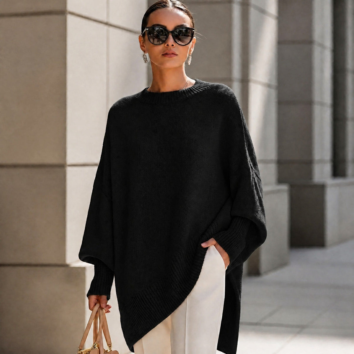 Women's Oversized Ribbed Cuff Jumper, Relaxed Fit Asymmetric Hem Knit