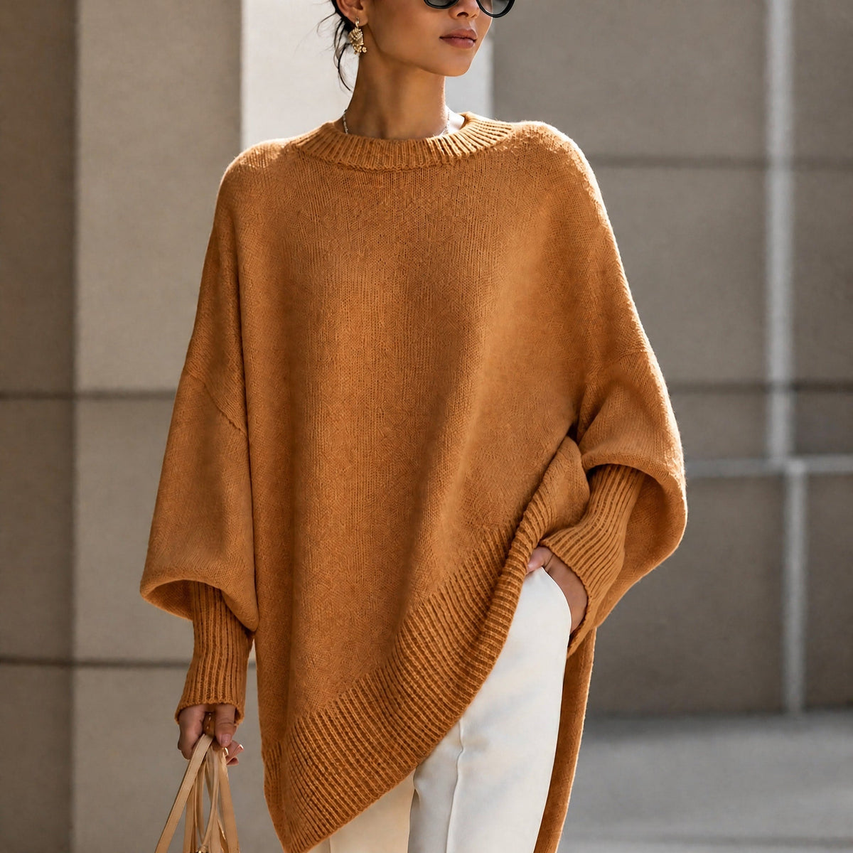 Women's Oversized Ribbed Cuff Jumper, Relaxed Fit Asymmetric Hem Knit