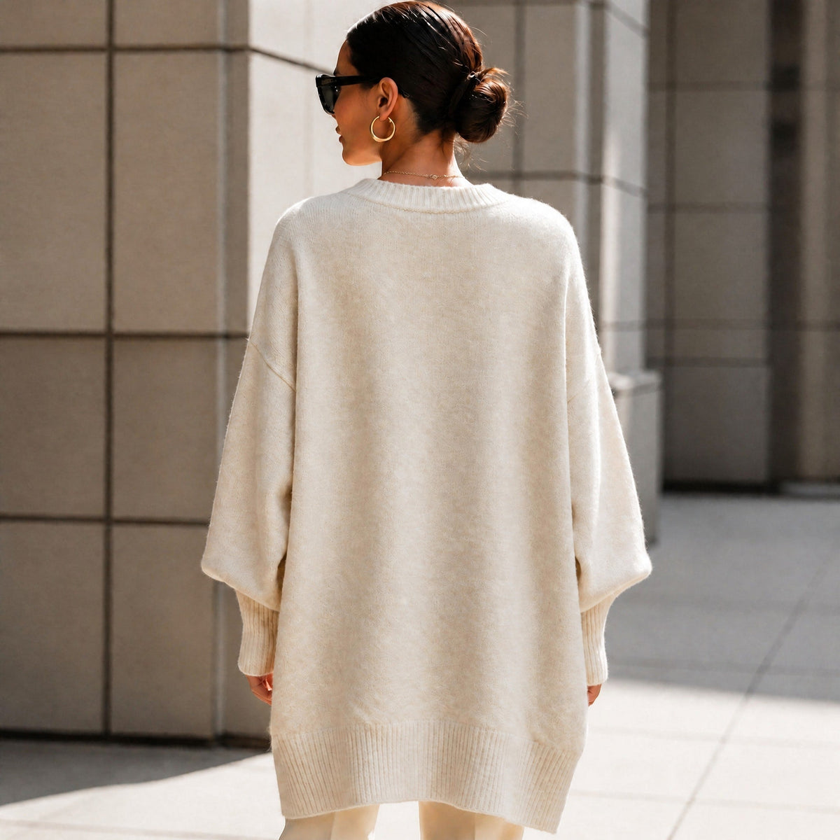 Women's Oversized Ribbed Cuff Jumper, Relaxed Fit Asymmetric Hem Knit