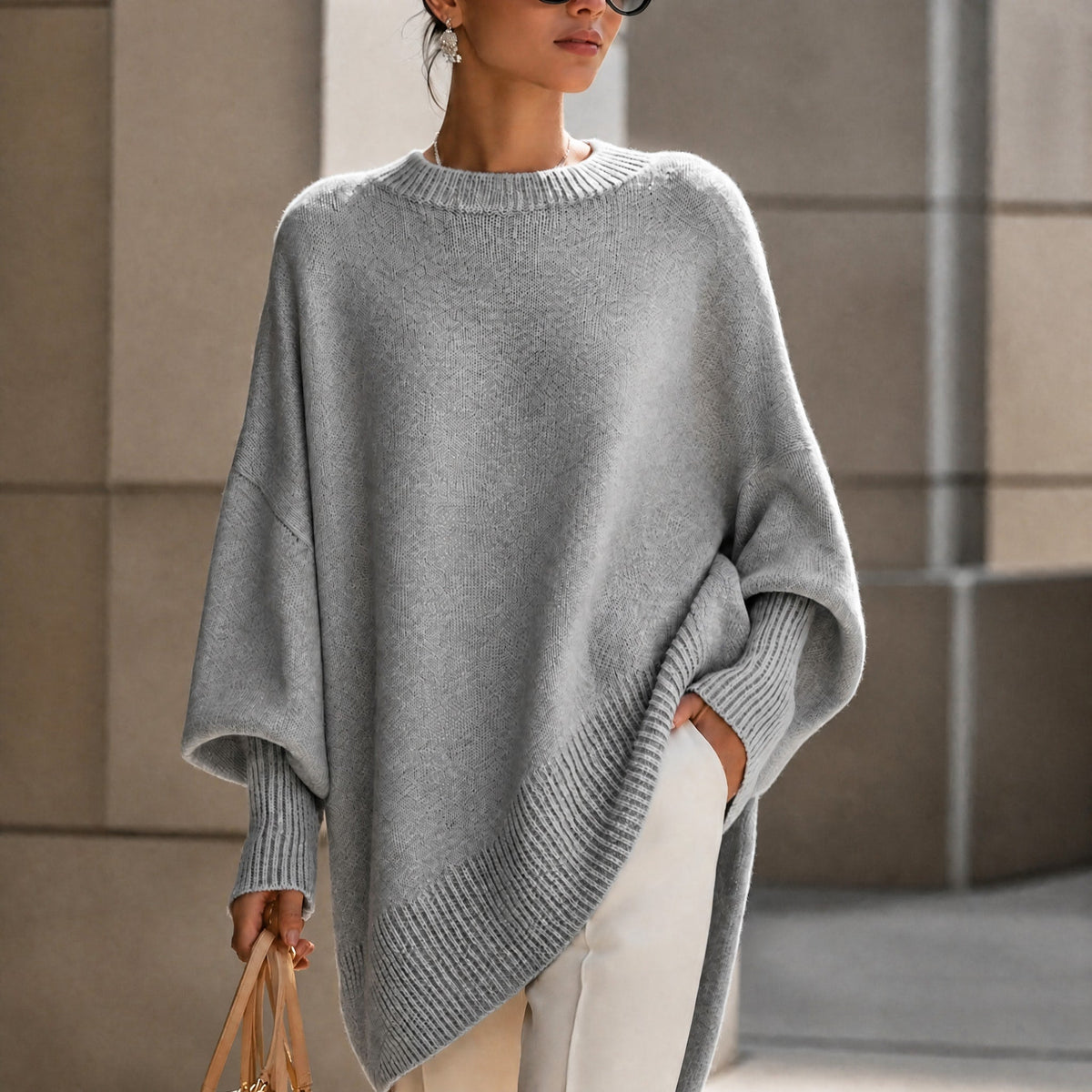 Women's Oversized Ribbed Cuff Jumper, Relaxed Fit Asymmetric Hem Knit