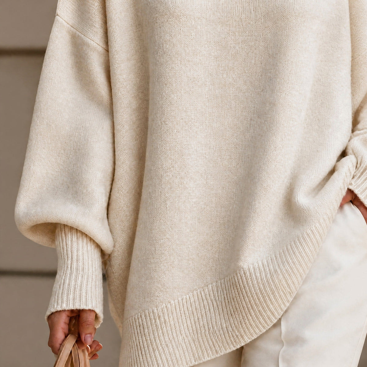 Women's Oversized Ribbed Cuff Jumper, Relaxed Fit Asymmetric Hem Knit