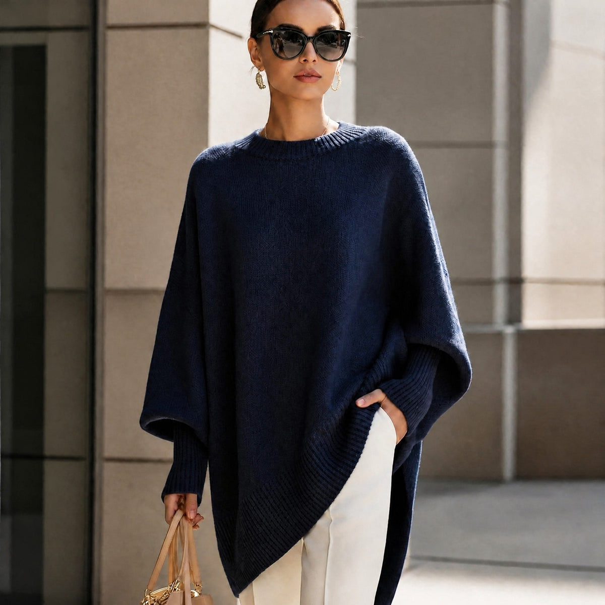 Women's Oversized Ribbed Cuff Jumper, Relaxed Fit Asymmetric Hem Knit