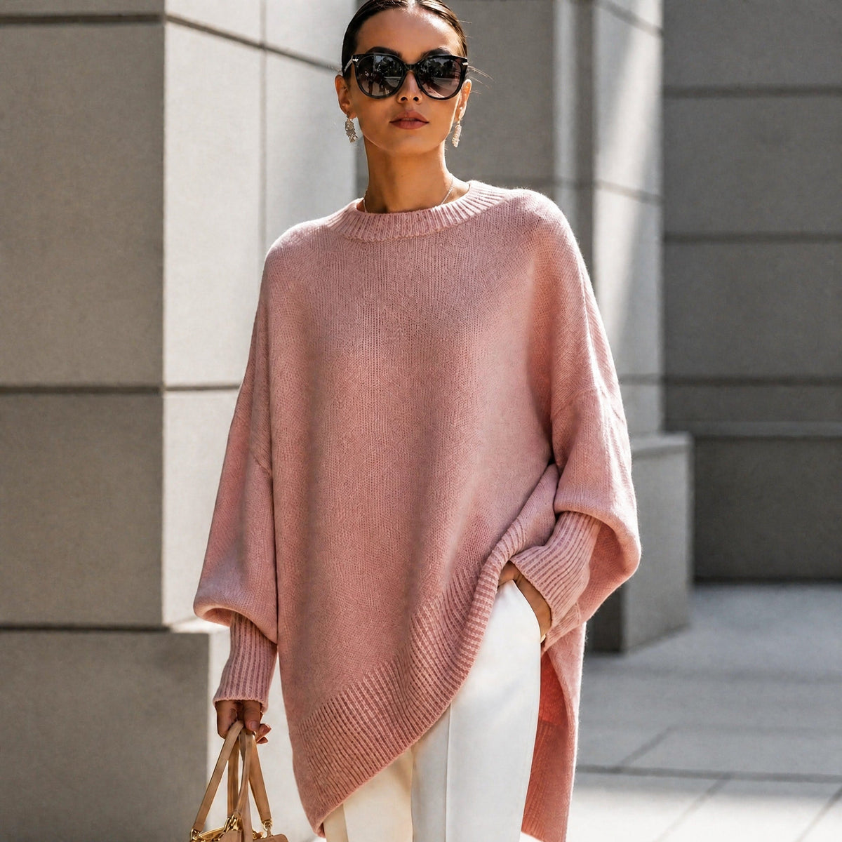 Women's Oversized Ribbed Cuff Jumper, Relaxed Fit Asymmetric Hem Knit