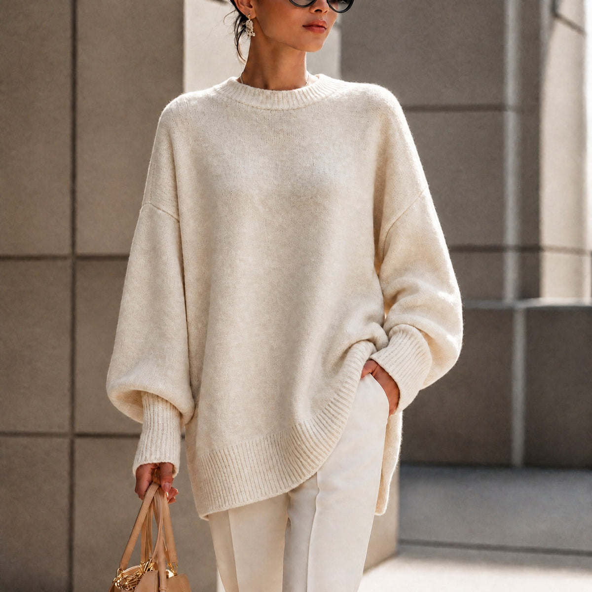 Women's Oversized Ribbed Cuff Jumper, Relaxed Fit Asymmetric Hem Knit