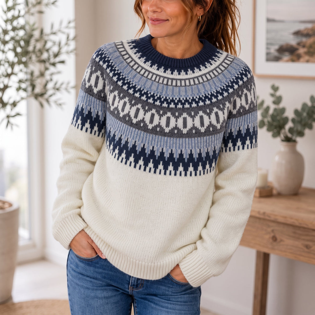 Women's Fair Isle Yoke Knitted Jumper, Round Neck, Relaxed Fit