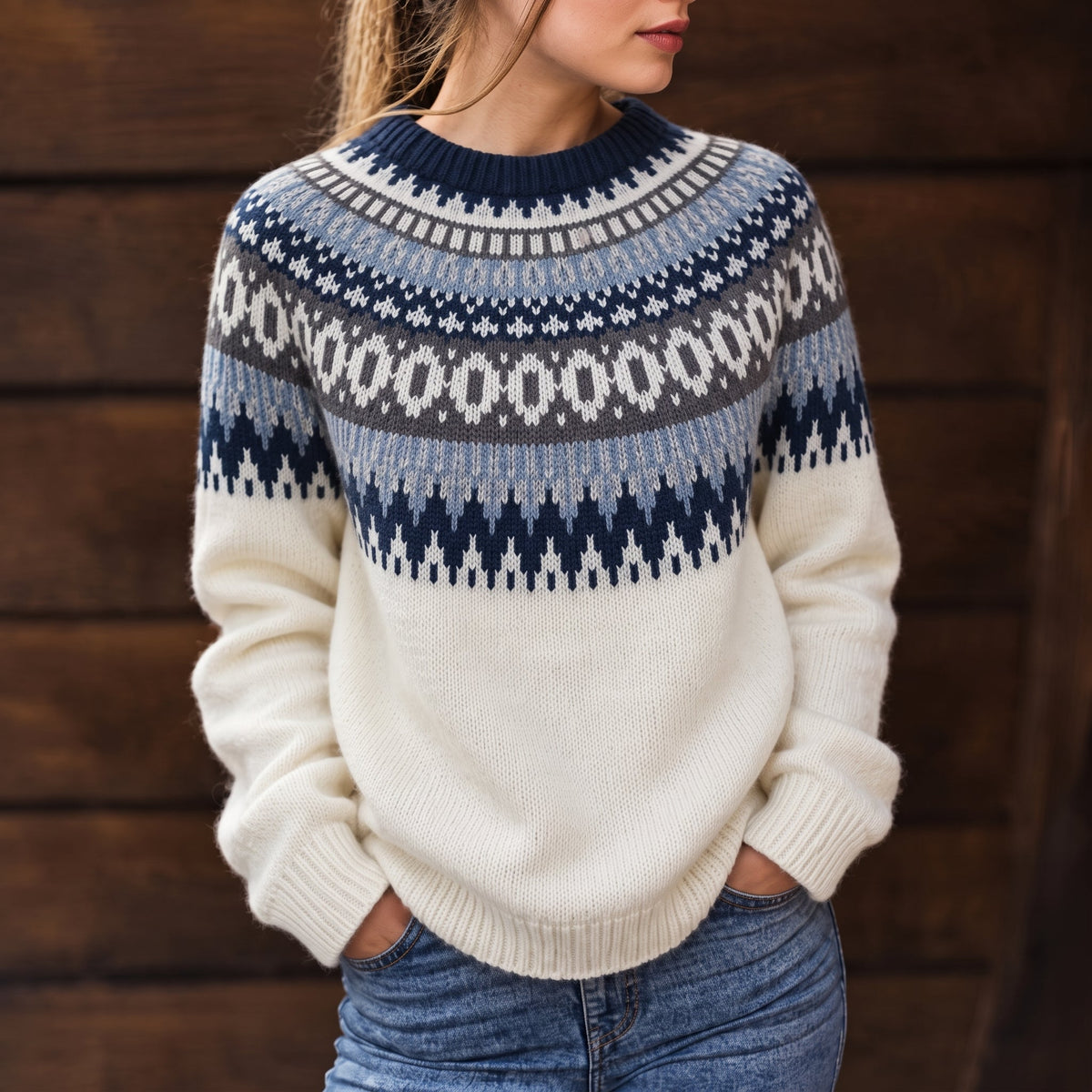 Women's Fair Isle Yoke Knitted Jumper, Round Neck, Relaxed Fit