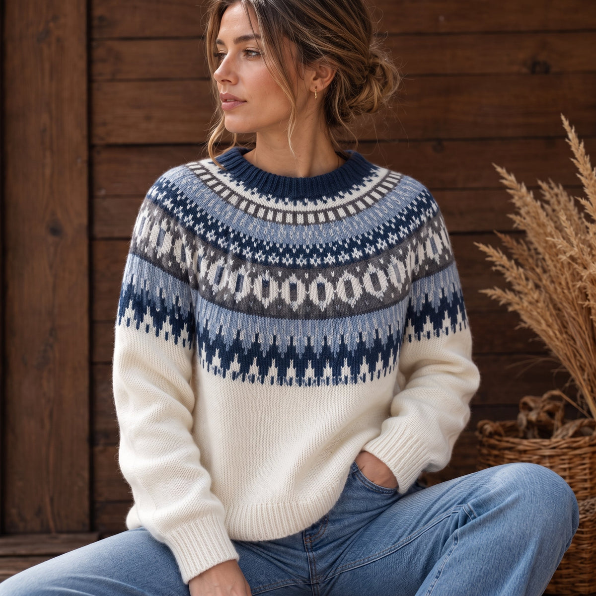 Women's Fair Isle Yoke Knitted Jumper, Round Neck, Relaxed Fit