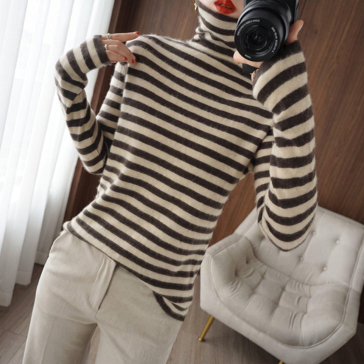 Women's Striped Turtleneck Jumper, Roll Neck, Relaxed Fit Knit