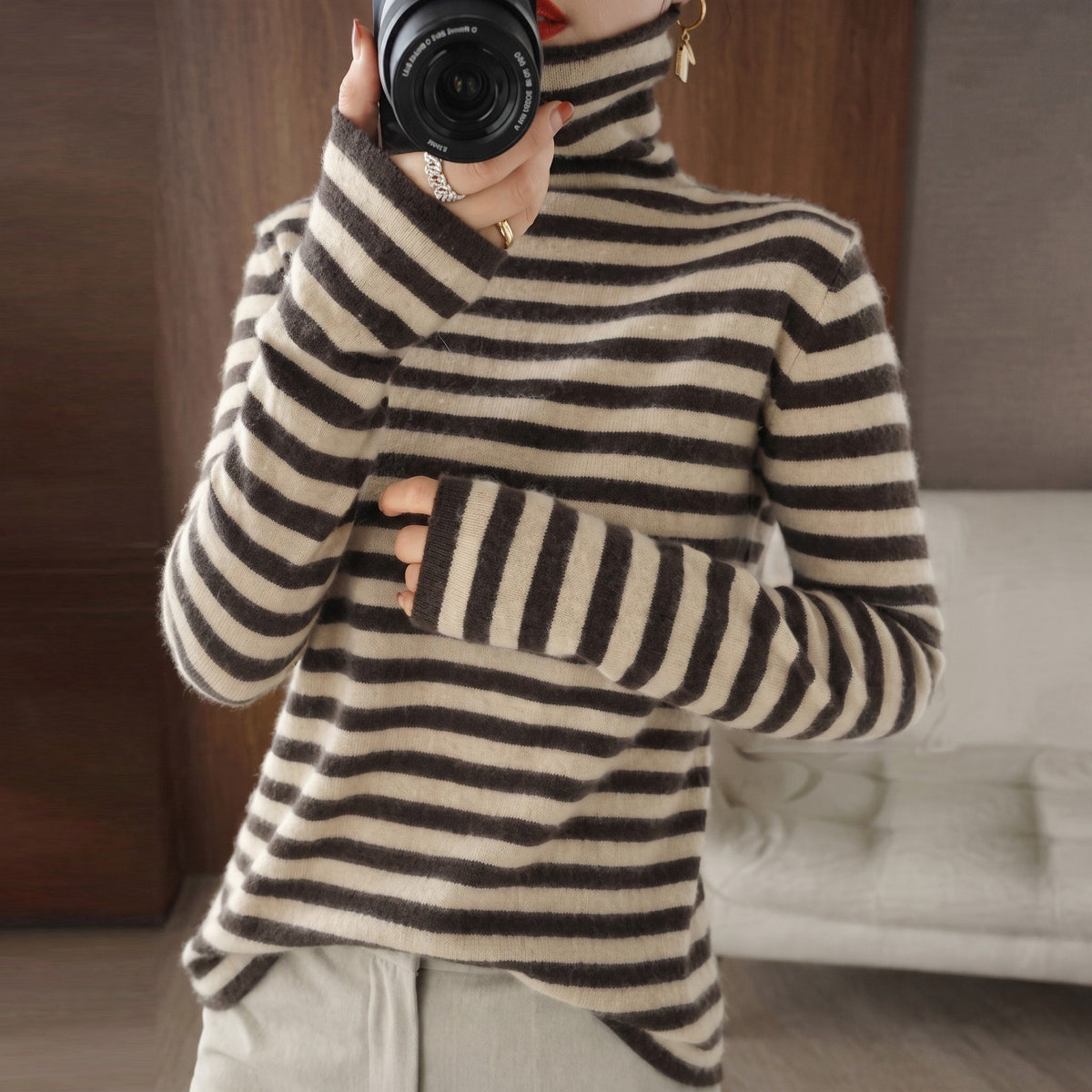Women's Striped Turtleneck Jumper, Roll Neck, Relaxed Fit Knit