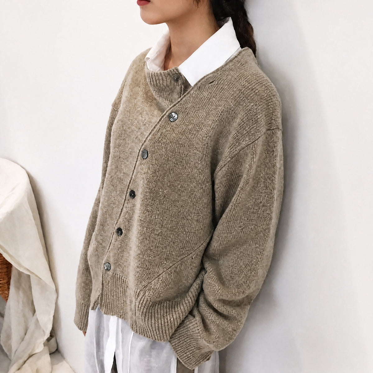 Women's Asymmetric Button Cardigan with Contrast Collar, Relaxed Fit
