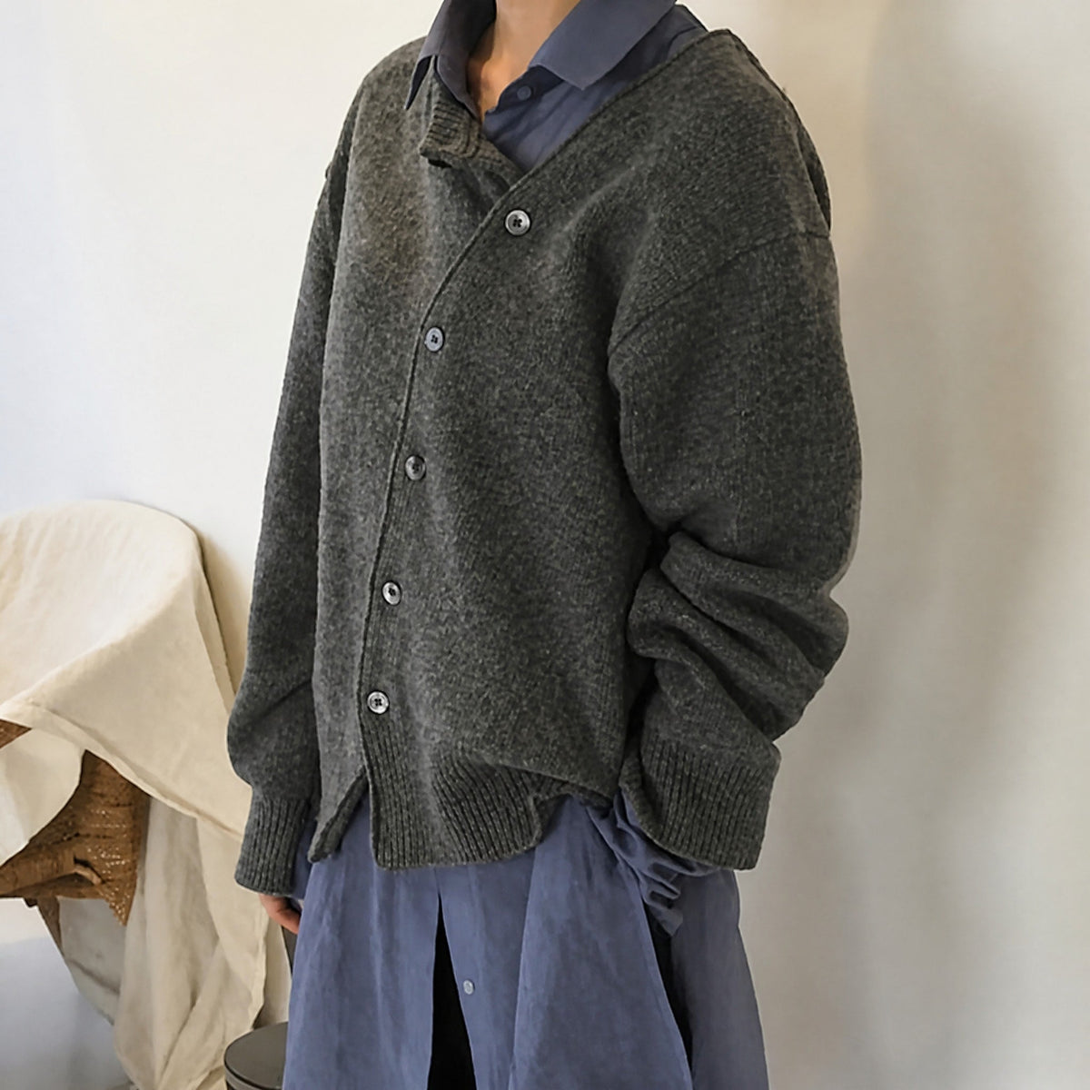 Women's Asymmetric Button Cardigan with Contrast Collar, Relaxed Fit