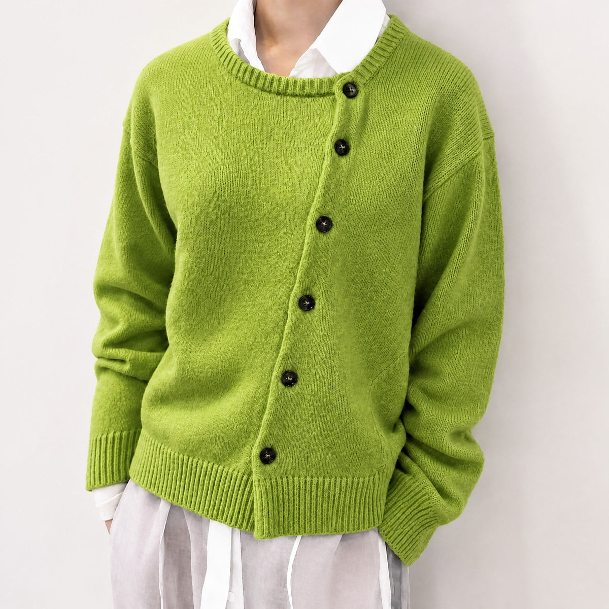 Women's Asymmetric Button Cardigan with Contrast Collar, Relaxed Fit
