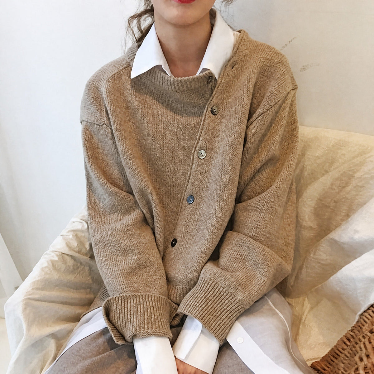 Women's Asymmetric Button Cardigan with Contrast Collar, Relaxed Fit