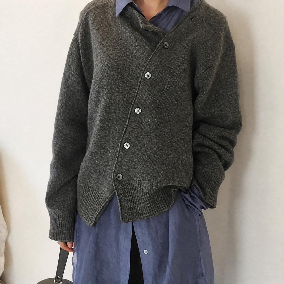 Women's Asymmetric Button Cardigan with Contrast Collar, Relaxed Fit