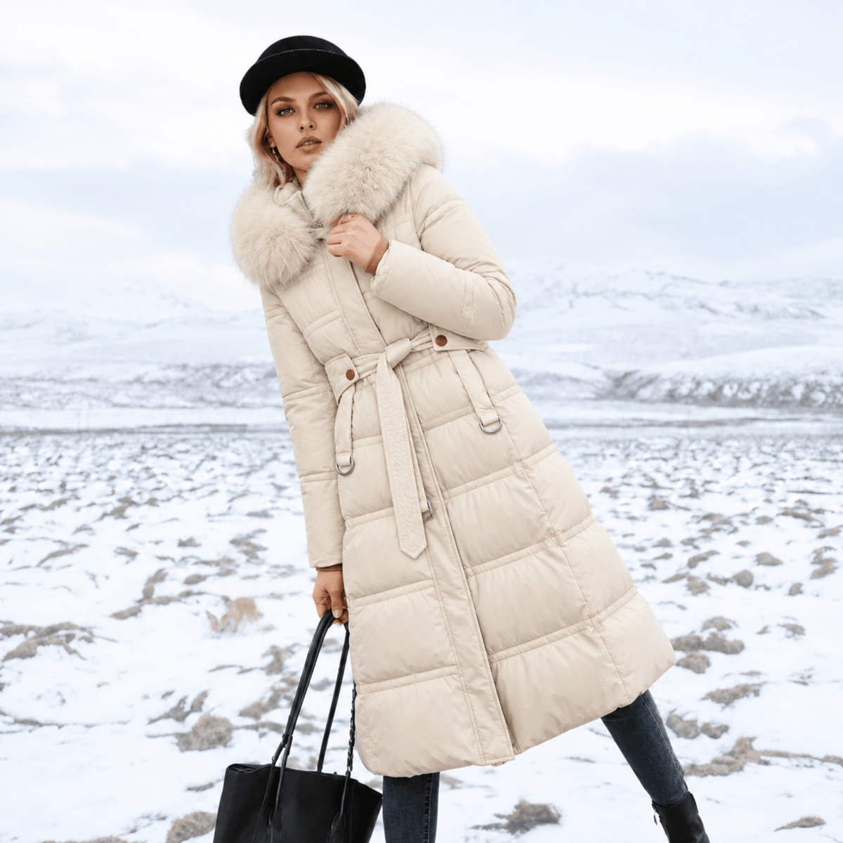 Women's Longline Parka Coat with Faux Fur Hood, Belted Regular Fit