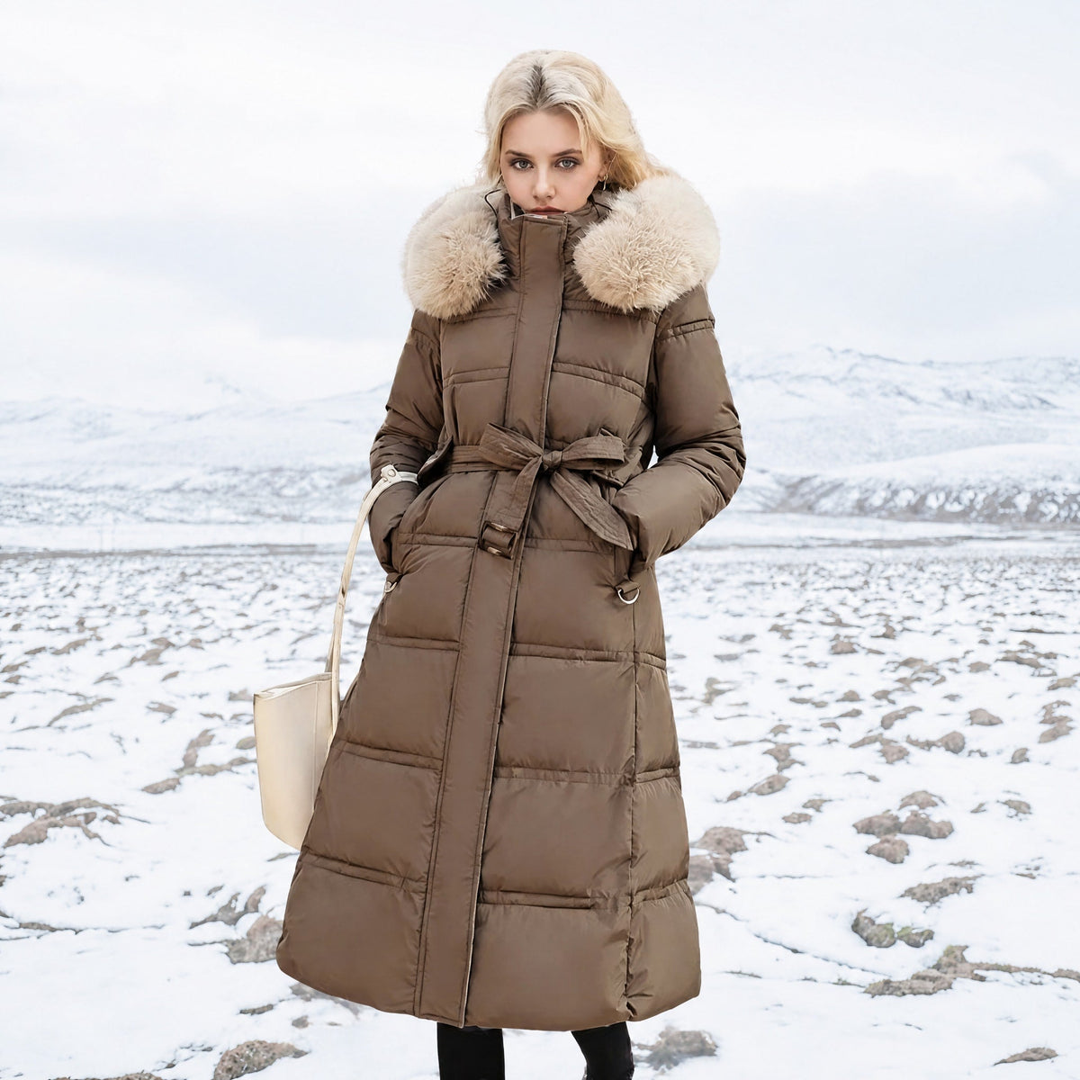Women's Longline Parka Coat with Faux Fur Hood, Belted Regular Fit