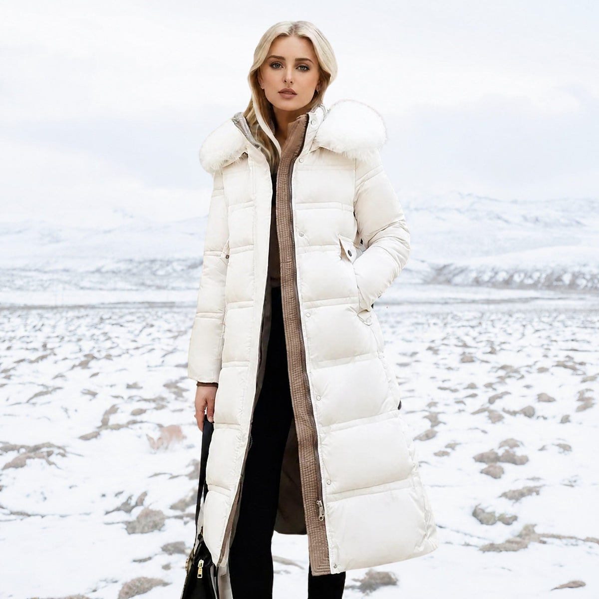 Women's Longline Parka Coat with Faux Fur Hood, Belted Regular Fit