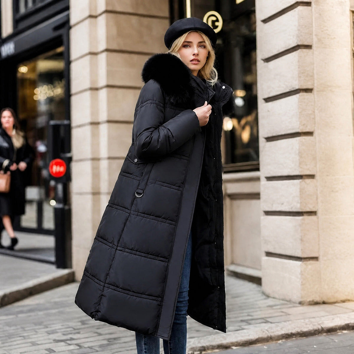 Women's Longline Parka Coat with Faux Fur Hood, Belted Regular Fit