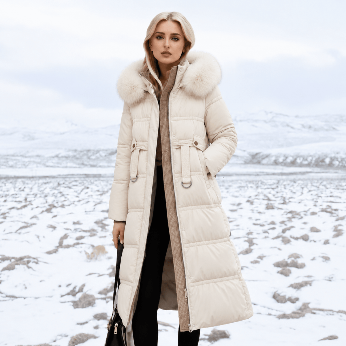 Women's Longline Parka Coat with Faux Fur Hood, Belted Regular Fit