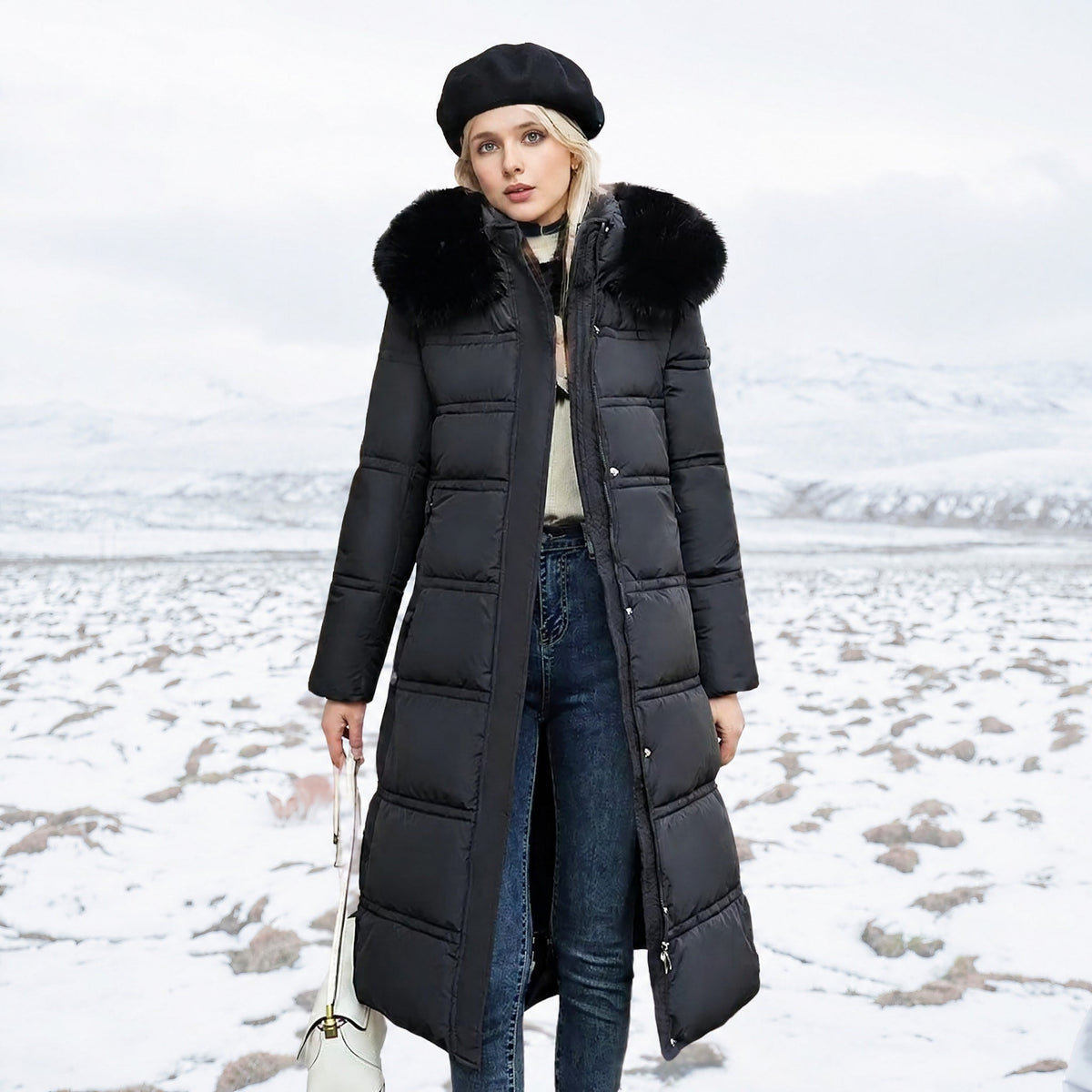 Women's Longline Parka Coat with Faux Fur Hood, Belted Regular Fit