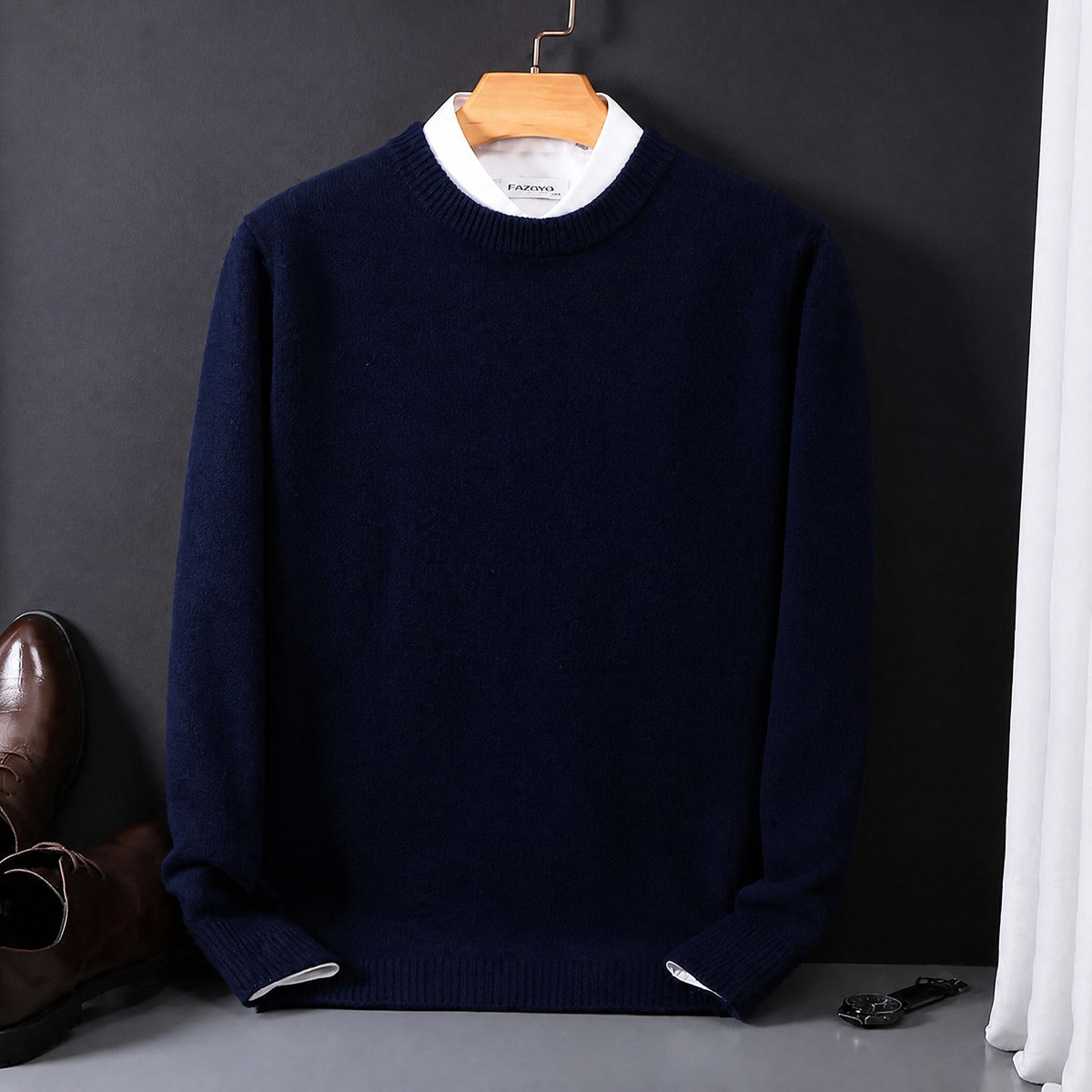 Men's Mock Neck Knit Jumper with Layered Shirt Collar, Regular Fit