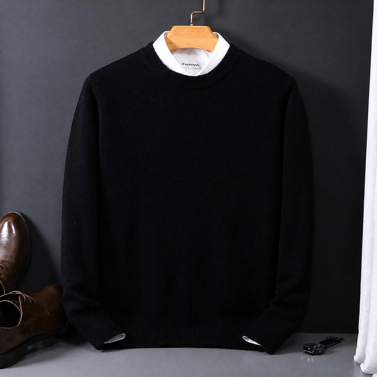 Men's Mock Neck Knit Jumper with Layered Shirt Collar, Regular Fit