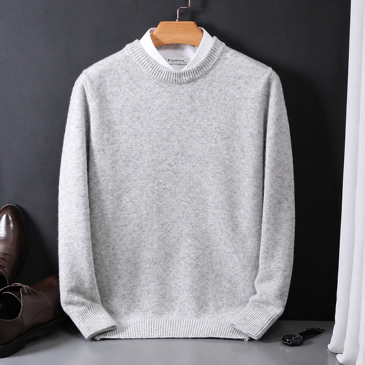 Men's Mock Neck Knit Jumper with Layered Shirt Collar, Regular Fit