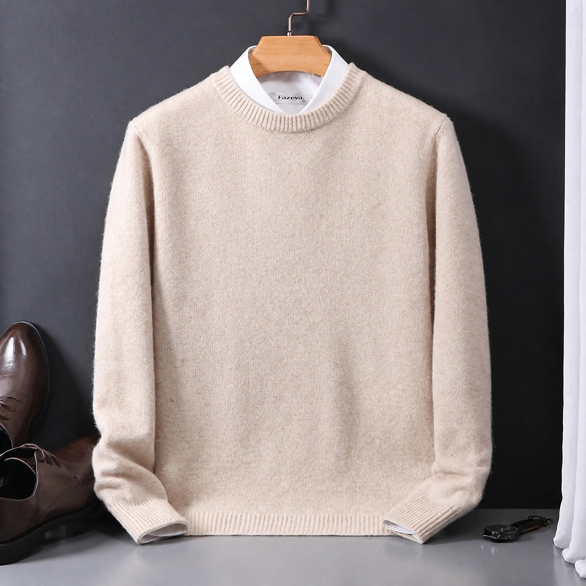Men's Mock Neck Knit Jumper with Layered Shirt Collar, Regular Fit