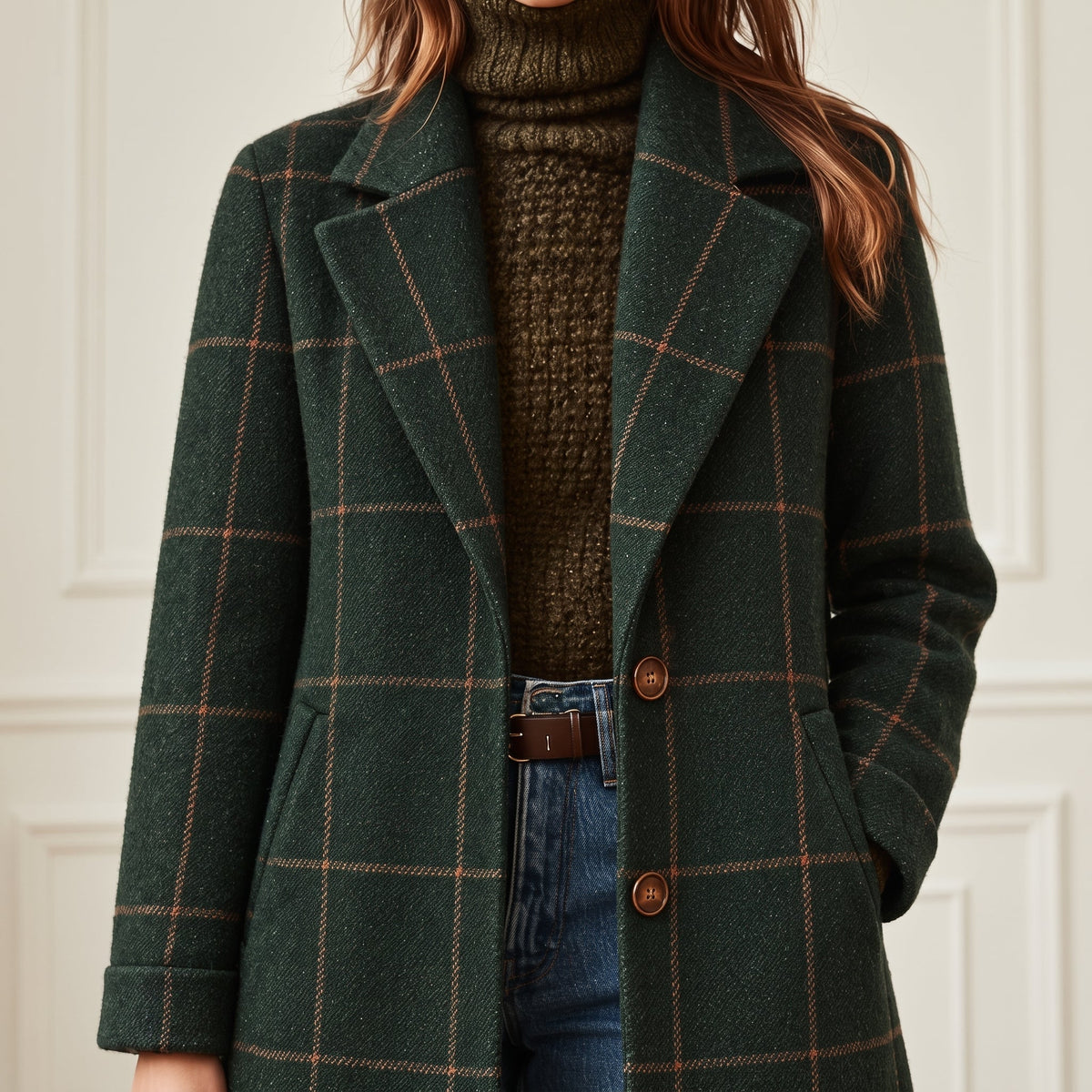 Women's Checked Overcoat with Notched Lapel Collar, Regular Fit