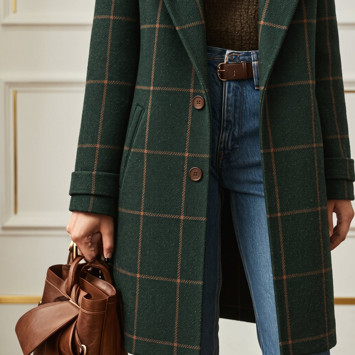 Women's Checked Overcoat with Notched Lapel Collar, Regular Fit