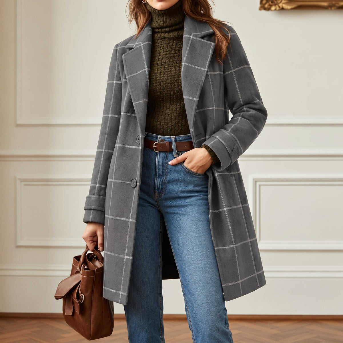 Women's Checked Overcoat with Notched Lapel Collar, Regular Fit