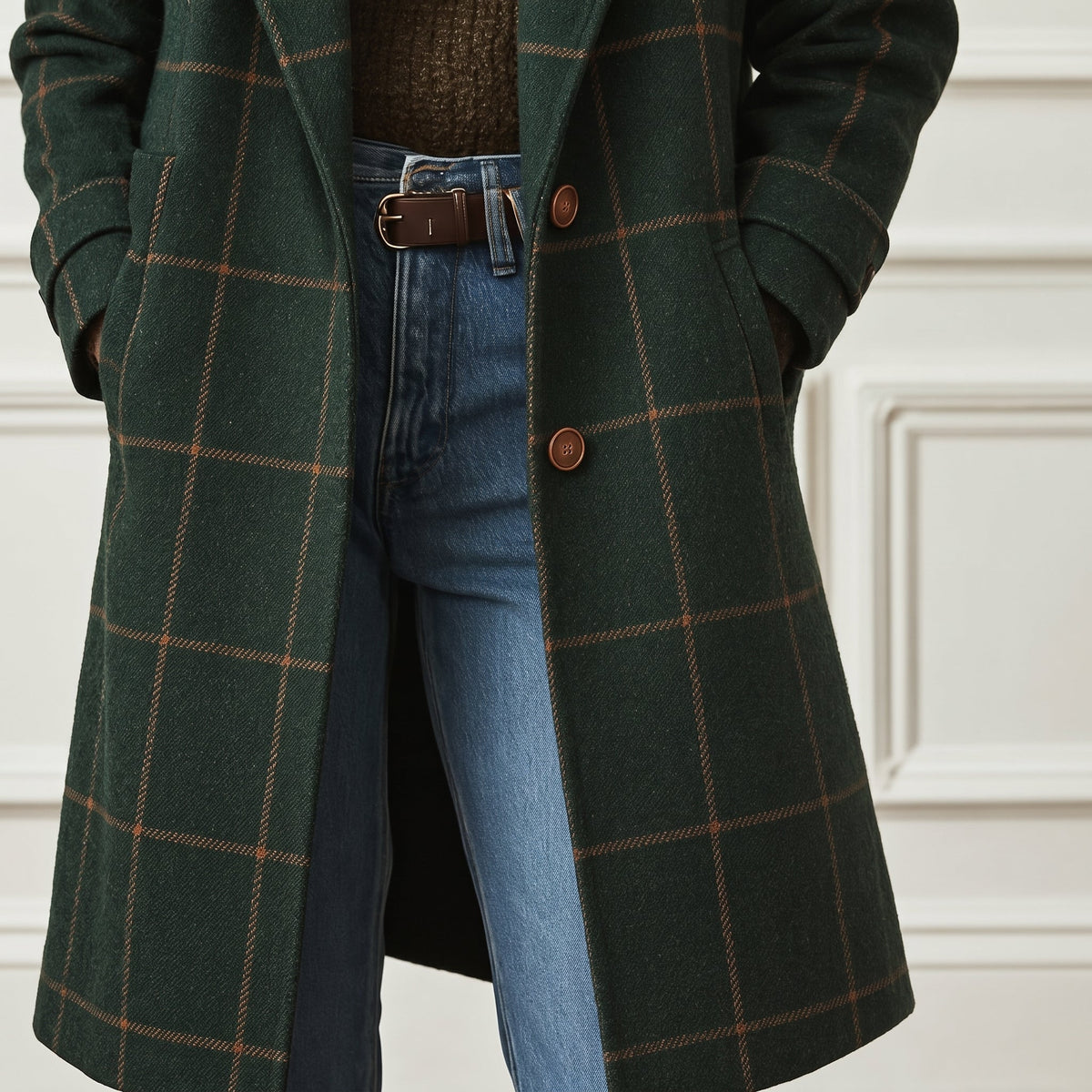Women's Checked Overcoat with Notched Lapel Collar, Regular Fit