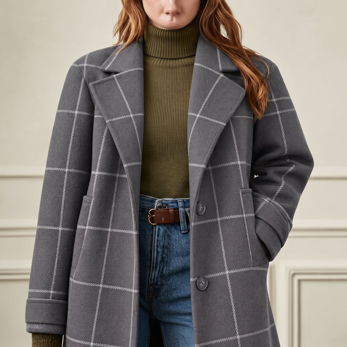 Women's Checked Overcoat with Notched Lapel Collar, Regular Fit