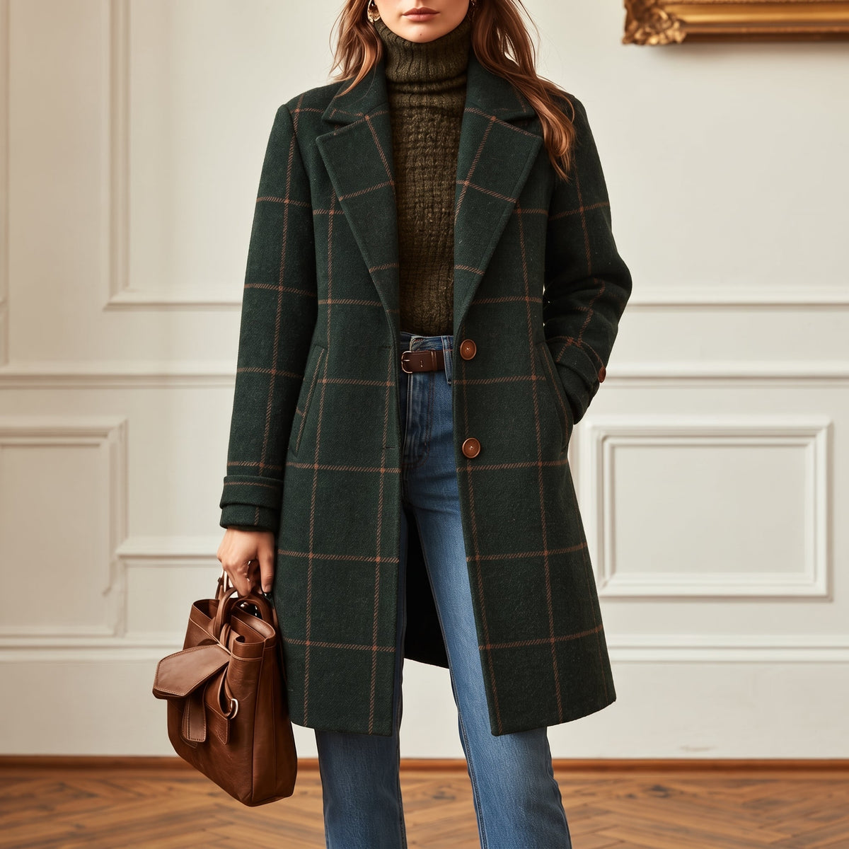 Women's Checked Overcoat with Notched Lapel Collar, Regular Fit