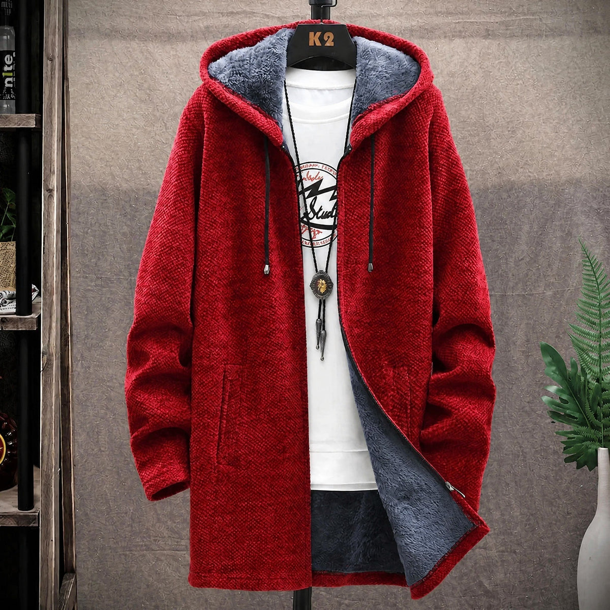 Men's Longline Hooded Knit Jacket, Soft Fleece Lining, Regular Fit