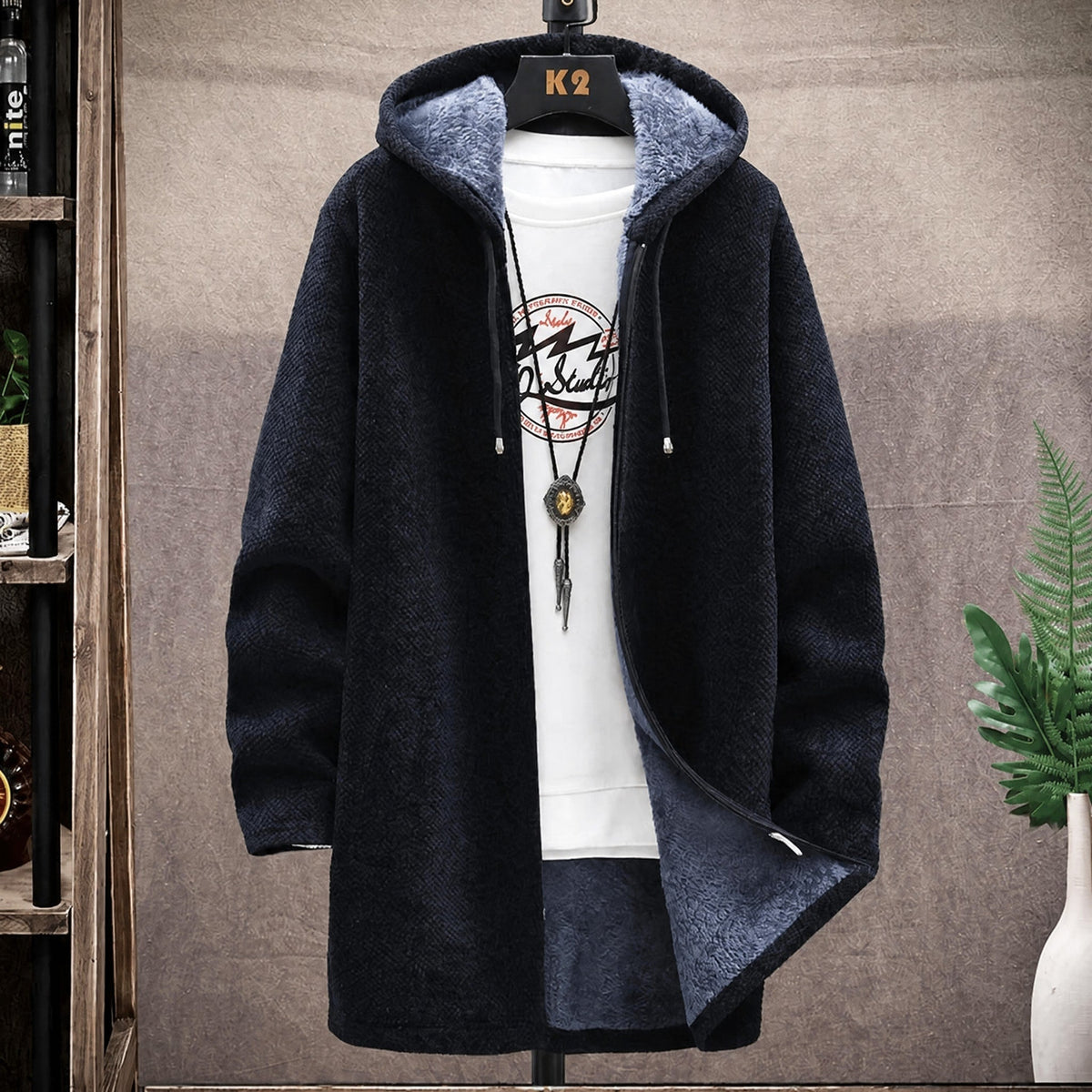 Men's Longline Hooded Knit Jacket, Soft Fleece Lining, Regular Fit